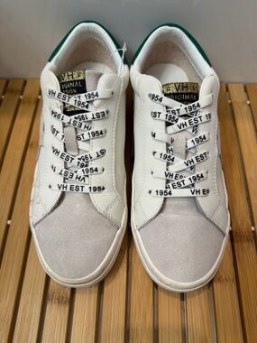 Vintage Havana White and Gray Low-Top Athletic Sneakers with Green Trim